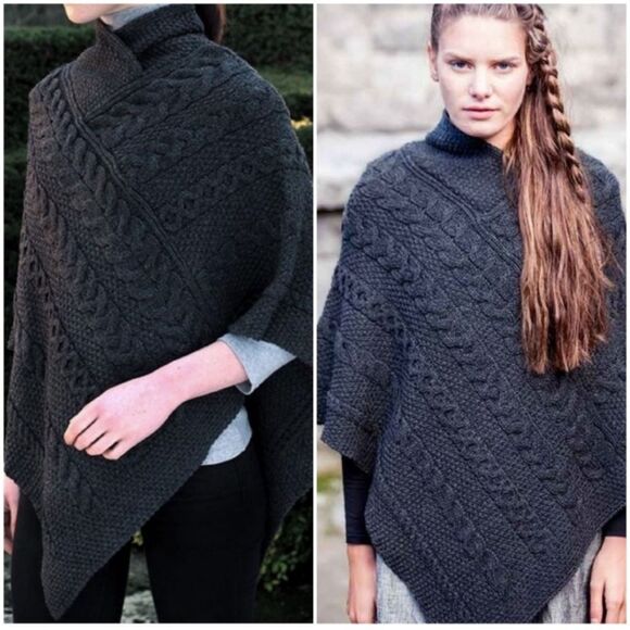 Aran Craft Fisherman Cable Knit Poncho Gray Irish Soft Merino Wool OS Nautical - Picture 2 of 13